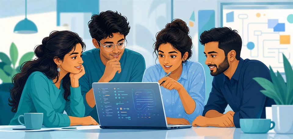 Illustrated developers collaborating and learning around a laptop