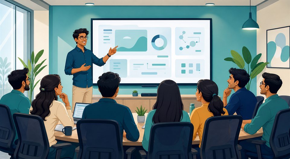 Illustrated developer presenting a project during demo day