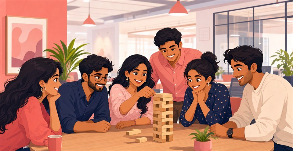 Illustrated Prashvi team enjoying a tabletop game break